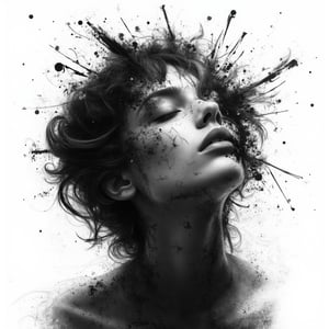 The image is a digital art piece that appears to be a portrait of a woman's face and upper body. The
woman's head is in the center of the image, with her eyes closed and her head tilted slightly to the
side. Her face is covered in black and white splashes and splatters, creating a chaotic and dynamic
composition. The splashes are of different sizes and shapes, with some being larger and some being
smaller. The background is a plain white, making the woman's features stand out even more. The
overall effect is one of chaos and destruction.