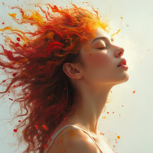 Create a hyper-realistic digital portrait of a woman, her head gently tilted, eyes closed, gazing towards the sky. Her hair, a vibrant cascade of paint splashes—fiery reds, sunny oranges, and bright yellows—flows around her shoulders, embodying freedom and creativity.