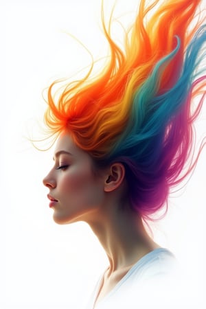 A digital art portrait of a woman's head in profile, with closed eyes and a slight head tilt. Her hair, composed of multiple strands in vibrant colors (red, orange, yellow, blue, green, and purple), creates a rainbow-like effect with dynamic movement and energy. The white background highlights the colorful hair, enhancing the dreamlike and surreal mood.