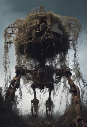 In this eerie portrayal titled "Silhouettes of the Machine God," a post-apocalyptic vision unfolds in an unsettling tableau. Ancient machines, now mere skeletons of rust, lie entombed under a network of gnarled roots and invasive ivy. Shadowy figures haunt this desolate landscape, their outlines blurred—a sinister blend of flesh and steel, suggesting a fusion of human souls with their mechanical creations. The atmosphere is heavy with the scent of decay. Above, the sky is oppressive, embroidered with occult symbols and the watchful eyes of forgotten deities. This artwork invites viewers to ponder the blurred lines between technology and the ethereal, evoking a profound unease about what lurks in the liminal spaces of our world.