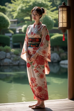 A beautiful Japanese woman, 23yo, full body portrait, kimono, wood slippers, standing at Japan Zen garden, cinematic, amazing composition, highly details,