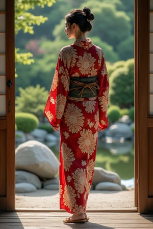 A beautiful Japanese woman, 23yo, full body portrait, kimono, wood slippers, standing at Japan Zen garden, cinematic, amazing composition, highly details,