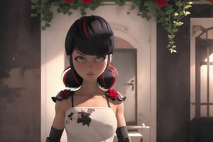 Hyperrealistic, photorealistic, super detailed, volumetric lighting, vine-covered fortress wall with roses growing along it, {{full body view}}, Marinette Dupain-Cheng standing near gates in a wall (wearing chainrings armour) and (holding a hunter's bow), ((black hair in tight braid with red streak)), {{concerned look}}, dark circles under eyes, muscular physique, tanned skin, fingerless gloves, medium breasts