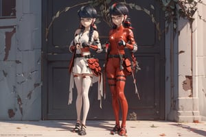 Hyperrealistic, photorealistic, super detailed, volumetric lighting, {vine-covered fortress wall with roses growing along it}, ((full body view)), Marinette Dupain-Cheng standing near gates in a wall (wearing leather armour with metal shoulderpads) and (holding a hunter's bow), ((black hair in tight braid with red streak)), {{concerned look}}, dark circles under eyes, muscular physique, tanned skin, fingerless gloves, medium breasts