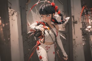 Hyperrealistic, photorealistic, super detailed, volumetric lighting, vine-covered fortress wall with roses growing along it, {{full body view}}, Marinette Dupain-Cheng standing near gates in a wall (wearing leather armour with metal shoulderpads) and (holding a hunter's bow), ((black hair in tight braid with red streak)), {{concerned look}}, dark circles under eyes, muscular physique, tanned skin, fingerless gloves, medium breasts