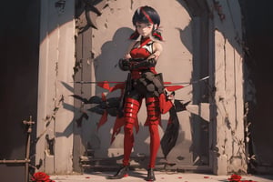 Hyperrealistic, photorealistic, super detailed, volumetric lighting, {vine-covered fortress wall with roses growing along it}, ((full body view)), Marinette Dupain-Cheng standing near gates in a wall (wearing leather armour with metal shoulderpads) and (holding a hunter's bow), ((black hair in tight braid with red streak)), {{concerned look}}, dark circles under eyes, muscular physique, tanned skin, fingerless gloves, medium breasts