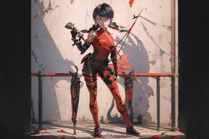 Hyperrealistic, photorealistic, super detailed, volumetric lighting, {vine-covered fortress wall with roses growing along it}, ((full body view)), Marinette Dupain-Cheng standing near gates in a wall (wearing leather armour with metal shoulderpads) and (holding a hunter's bow), ((black hair in tight braid with red streak)), {{concerned look}}, dark circles under eyes, muscular physique, tanned skin, fingerless gloves, medium breasts