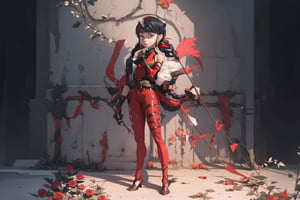 Hyperrealistic, photorealistic, super detailed, volumetric lighting, {vine-covered fortress wall with roses growing along it}, ((full body view)), Marinette Dupain-Cheng standing near gates in a wall (wearing leather armour with metal shoulderpads) and (holding a hunter's bow), ((black hair in tight braid with red streak)), {{concerned look}}, dark circles under eyes, muscular physique, tanned skin, fingerless gloves, medium breasts