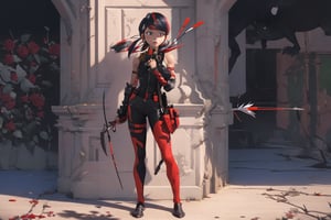 Hyperrealistic, photorealistic, super detailed, volumetric lighting, {vine-covered fortress wall with roses growing along it}, ((full body view)), Marinette Dupain-Cheng standing near gates in a wall (wearing leather armour with metal shoulderpads) and (holding a hunter's bow), ((black hair in tight braid with red streak)), {{concerned look}}, dark circles under eyes, muscular physique, tanned skin, fingerless gloves, medium breasts