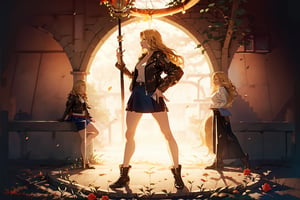 Hyperrealistic, photorealistic, super detailed, volumetric lighting, {vine-covered fortress wall with roses growing along it}, ((full body view)), zantiya standing near gates in a wall (wearing leather jacket with denim skirt) and (holding a magician's staff), ((long blonde hair)), {{relaxed stance}}, dark circles under eyes, muscular physique, tanned skin, fingerless gloves, medium breasts