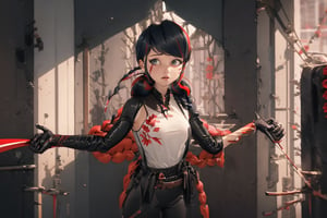 Hyperrealistic, photorealistic, super detailed, volumetric lighting, vine-covered fortress wall with roses growing along it, {{full body view}}, Marinette Dupain-Cheng standing near gates in a wall (wearing leather armour with metal shoulderpads) and (holding a hunter's bow), ((black hair in tight braid with red streak)), {{concerned look}}, dark circles under eyes, muscular physique, tanned skin, fingerless gloves, medium breasts