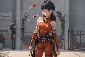 Hyperrealistic, photorealistic, super detailed, volumetric lighting, vine-covered fortress wall with roses growing along it, {{full body view}}, Marinette Dupain-Cheng standing near gates in a wall (wearing leather armour with metal shoulderpads) and (holding a hunter's bow), ((black hair in tight braid with red streak)), {{concerned look}}, dark circles under eyes, muscular physique, tanned skin, fingerless gloves, medium breasts