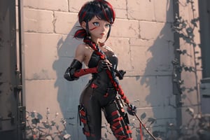 Hyperrealistic, photorealistic, super detailed, volumetric lighting, vine-covered fortress wall with roses growing along it, {{full body view}}, Marinette Dupain-Cheng standing near gates in a wall (wearing leather armour with metal shoulderpads) and (holding a hunter's bow), ((black hair in tight braid with red streak)), {{concerned look}}, dark circles under eyes, muscular physique, tanned skin, fingerless gloves, medium breasts