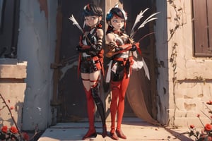 Hyperrealistic, photorealistic, super detailed, volumetric lighting, {vine-covered fortress wall with roses growing along it}, ((full body view)), Marinette Dupain-Cheng standing near gates in a wall (wearing leather armour with metal shoulderpads) and (holding a hunter's bow), ((black hair in tight braid with red streak)), {{concerned look}}, dark circles under eyes, muscular physique, tanned skin, fingerless gloves, medium breasts