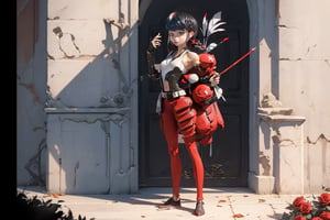 Hyperrealistic, photorealistic, super detailed, volumetric lighting, {vine-covered fortress wall with roses growing along it}, ((full body view)), Marinette Dupain-Cheng standing near gates in a wall (wearing leather armour with metal shoulderpads) and (holding a hunter's bow), ((black hair in tight braid with red streak)), {{concerned look}}, dark circles under eyes, muscular physique, tanned skin, fingerless gloves, medium breasts