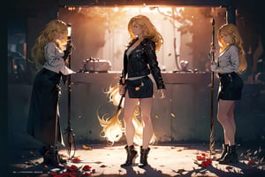 Hyperrealistic, photorealistic, super detailed, volumetric lighting, {vine-covered fortress wall with roses growing along it}, ((full body view)), zantiya standing near gates in a wall (wearing leather jacket with denim skirt) and (holding a magician's staff), ((long blonde hair)), {{defensive stance}}, dark circles under eyes, muscular physique, tanned skin, fingerless gloves, medium breasts