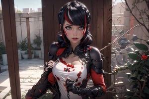 Hyperrealistic, photorealistic, super detailed, volumetric lighting, vine-covered fortress wall with roses growing along it, Marinette Dupain-Cheng standing near gates in a wall (wearing chainrings armour) and (holding a hunter's bow), ((black hair in tight braid with red streak)), {{concerned look}}, dark circles under eyes, muscular physique, tanned skin, fingerless gloves, medium breasts