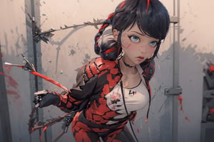 Hyperrealistic, photorealistic, super detailed, volumetric lighting, vine-covered fortress wall with roses growing along it, {{full body view}}, Marinette Dupain-Cheng standing near gates in a wall (wearing chainrings armour) and (holding a hunter's bow), ((black hair in tight braid with red streak)), {{concerned look}}, dark circles under eyes, muscular physique, tanned skin, fingerless gloves, medium breasts