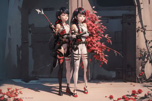 Hyperrealistic, photorealistic, super detailed, volumetric lighting, {vine-covered fortress wall with roses growing along it}, ((full body view)), Marinette Dupain-Cheng standing near gates in a wall (wearing leather armour with metal shoulderpads) and (holding a hunter's bow), ((black hair in tight braid with red streak)), {{concerned look}}, dark circles under eyes, muscular physique, tanned skin, fingerless gloves, medium breasts