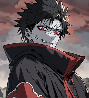 score_9,1boy, male, solo, upper body, focus male, short hair,   black hair, baggy eyes , muscle body, red eyes, colored skin,  pale grey skin,  Beautiful eyes, defined body, dark colors, kimono,  akatsuki cloak, black cloths with red clouds, akatsuki cloths,loose clothing, detailed eyes, cloak, angry face, smile, looking at the viewer,Zombieman