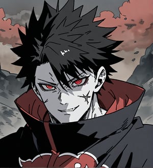 score_9,1boy, male, solo, upper body, focus male, short hair,   black hair, baggy eyes , muscle body, red eyes, colored skin,  pale grey skin,  Beautiful eyes, defined body, dark colors, kimono,  akatsuki cloak, black cloths with red clouds, akatsuki cloths,loose clothing, detailed eyes, cloak, angry face, smile, looking at the viewer,Zombieman