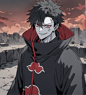 score_9,1boy, male, solo, upper body, focus male, short hair,   black hair, baggy eyes , muscle body, red eyes, colored skin,  pale grey skin,  Beautiful eyes, defined body, dark colors, kimono,  akatsuki cloak, black cloths with red clouds, akatsuki cloths,loose clothing, detailed eyes, cloak, angry face, smile, looking at the viewer,Zombieman