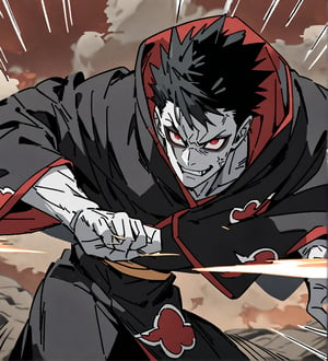 score_9,1boy, male, solo, upper body, focus male, short hair,   black hair, baggy eyes , muscle body, red eyes, colored skin,  pale grey skin,  Beautiful eyes, defined body, dark colors, kimono,  akatsuki cloak, black cloths with red clouds, akatsuki cloths,loose clothing, detailed eyes, cloak, angry face, smile, looking at the viewer,Zombieman, battle position, battle, attack, martial artist, fight, movement lines, wind lines, move effect