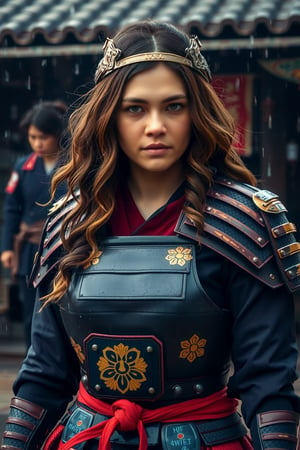 A 1chulita samurai warrior in an outdoor setting under light rain. 1chulita has long hair that falls on either side of her face, with loose strands framing her determined and focused expression. 1chulita wears an ornamental headband on her head, with metallic-toned detailing.
1chulita is equipped with traditional Japanese samurai armor, which combines dark tones with intricate gold detailing in the form of flowers and decorative patterns. The armor covers her torso, shoulders, and arms, and has several overlapping layers, giving her a rugged yet elegant appearance. The belt has a prominent red knot, which adds contrast to the dark and gold tones of her outfit.
The background is somewhat blurred, suggesting a traditional Japanese setting, perhaps a dojo or an ancient village, and the rainy weather adds an atmosphere of tension and drama to the scene. The warrior appears to be ready for a battle or confrontation, with a firm and determined stance. 1chulita has long, wavy hair. It is dark brown with golden highlights. 1chulita wears a simple hairstyle, with a part in the middle and the ends slightly turned outwards with some curls and waves. DSLR, cinematic photo, photorealistic, RAW photo, HDR, UHD, 64K, dynamic angle, cinematic, sharp focus, insane details, highly detailed, masterpice