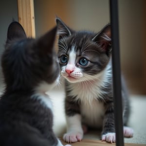 Black and white newborn kitten looking in the mirror
very sweet scene.
Professional photography, DSLR, cinematic photo, photorealistic, RAW photo, HDR, UHD, 64K, dynamic angle, cinematic, sharp focus, insane details, highly detailed, masterpice
