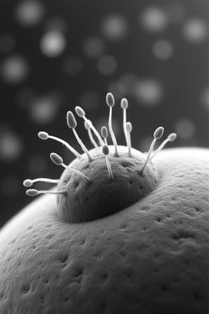 Magnified representation through an electron microscope of the surface of a human egg being impacted by the ovoid-shaped bodies of a dozen spermatozoa.
of the spermatozoa, the bodies and ciliary tails can be seen
Some of them manage to penetrate the surface.
the background of the image is out of focus showing thousands of other spermatozoa approaching