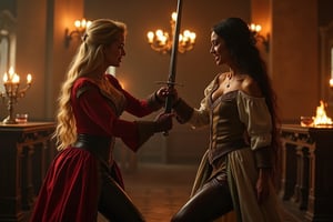 Image of two sexy women, one blonde and one black.
Both women are dressed in 17th century men's clothing.
The women fight each other using their 17th century swords.
The fight takes place inside a period tavern lit by candelabras and lanterns.
Professional photography, DSLR, cinematic photo, photorealistic, RAW photo, HDR, UHD, 64K, dynamic angle, cinematic, sharp focus, insane details, highly detailed, masterpice