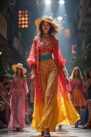 Nami in One Piece,,A fashion designer showcasing their latest collection at a runway show in Milan, models strutting down the catwalk under the bright lights and flashing cameras.,iconic, detailed, high-energy, vibrant,