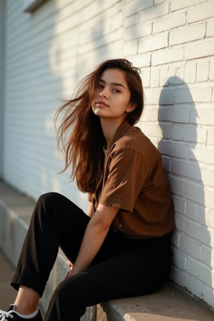 UrbanPhoto,

A portrait of a young woman seated against a white brick wall. She is dressed in a brown shirt and black pants, paired with black and white sneakers. Her long hair flows freely, creating a dynamic contrast with the shadows cast by the wall. The woman's pose is relaxed, with one leg crossed over the other, and her hands resting on her knees. The lighting is soft, casting a gentle glow on her face and the texture of her clothing. The overall mood of the image is contemplative and serene.