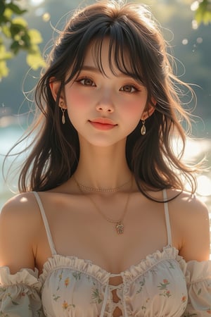 Beautiful, soft light, (beautiful and delicate eyes), very detailed, pale skin, big smile, (long hair), dreamy, medium chest, female 1, ((front shot)), bangs, soft expression, height 170, elegant , Bright smile, 8k art photo, photorealistic concept art, realistic, person, small necklace, small earrings, fantasy, jewelry, shyness, dreamy soft image, masterpiece, ultra high resolution, skirt, shirt, jacket, color , (both eyes (winds gently), (raises head slightly and looks immersed in happy thoughts),colorful