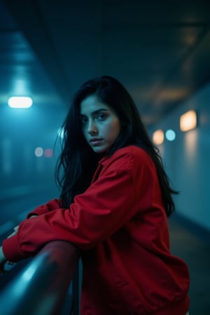 CridLight, 
A moody, atmospheric portrait of a young woman leaning against a railing in a dimly lit, modern urban setting. The woman's dark hair flows freely, and she wears a red jacket that contrasts with the muted tones of the surroundings. The background is blurred, emphasizing the subject, and features a series of bright lights that cast a soft glow on the scene. The overall color palette is dominated by cool tones, with the red of the woman's jacket standing out prominently. The style of the image leans towards a contemporary, urban aesthetic, with a focus on the interplay of light and shadow.