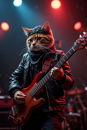 Extremely ultra-realistic photorealistic 3D, professional photography, natural lighting, volumetric lighting maximalist photo-illustration, 8K resolution detailed, elegant. A cat in a bandana and a leather jacket plays bass guitar on stage.