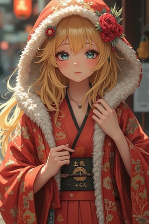 Kyoto Animation stylized anime, a sensual woman with blonde hair, and blue eyes, with detailed ornate fur hooded kimono, red hooded kimono, miniskirt, fantasypunk. Cinematic lighting, ethereal light, intricate details, extremely detailed, incredible details, full colored, complex details, insanely detailed and intricate, hyper maximalist, extremely detailed with rich colors. masterpiece, best quality, HDR, UHD, unreal engine. Representative, fair skin, rich in details High quality, gorgeous, 8k, super detail, gorgeous light and shadow, detailed decoration, detailed lines,glitter