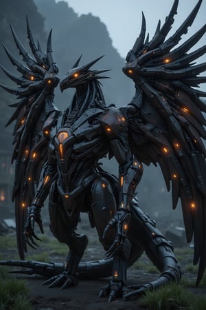 A griffin, made from gears rusted metal, and glowing parts, with its wings spread wide. The griffin's body is an intricate assembly of interlocking gears and corroded metal plates, giving it a rugged, industrial appearance. Its eyes and certain joints feature glowing, luminescent elements that pulse with an eerie light. The wings, constructed from overlapping metal feathers, are extended majestically, each feather adorned with tiny, glowing circuits. The background is a dark, misty landscape with hints of ancient ruins, enhancing the mythical and mechanical nature of this fantastical creature, adding to the steampunk atmosphere.",Mechanical
