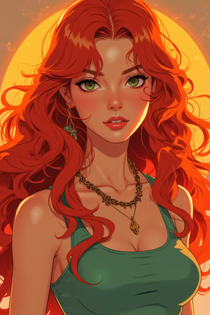 Stunning woman with long red hair and green eyes, studio ghibli, akira toriyama, james gilleard, trending pixiv fanboxe, 4k, the style of 90's vintage anime,