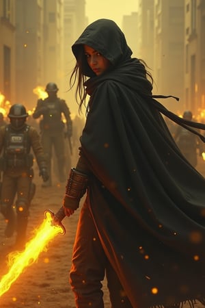 a girl srikandi wearing a black cloth, and give heavy weapon in glowing yellow in battlefield