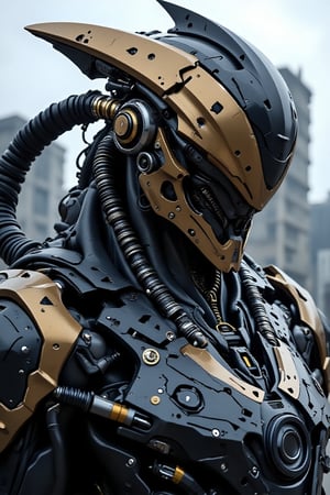 A close-up of a futuristic, armored figure, possibly a soldier or a soldier, with a helmet that obscures their face. The helmet is predominantly gold with a black visor, and it features a silver emblem on the front. The armor is intricately designed with various mechanical components, including tubes, wires, and panels, all in a metallic sheen. The figure is wearing a dark, possibly black, uniform with silver and black accents. The background is blurred, but it appears to be an urban setting with tall buildings, suggesting a cityscape. The overall style of the image is dramatic and intense, emphasizing the futuristic nature of the subject.