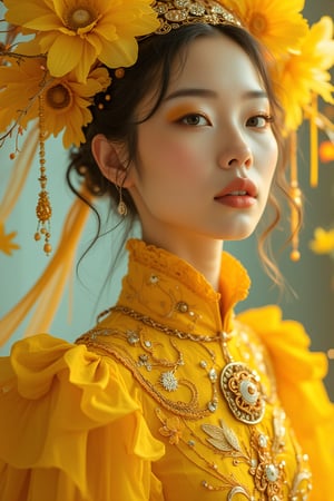 A beautiful Japanese female pop artist in a yellow bohemian dress, with a huge headpiece center piece, clean makeup, with depth of field, fantastical edgy and regal themed outfit, captured in vivid colors, embodying the essence of fantasy, minimalist, film grain