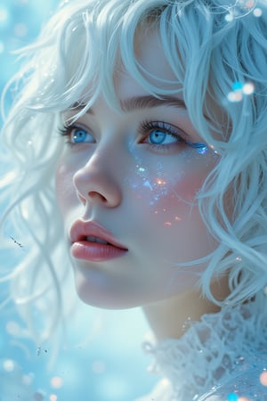 A hyper-realistic close-up of a short haired woman with icy white hair with hair over one eye,  and pale, flawless skin. Her eyes are bright light blue, almost glowing, with digital patterns reflecting in them. Her lips are a glittering light pink, glossy and perfectly shaped. The background is an abstract, digital landscape, with soft gradients and blurred shapes, creating a dreamy, otherworldly atmosphere.

semi-transparent fabric layers that cling to the skin, creating a subtle, alluring effect with the water enhancing the texture.

realistic shine to the hair, with soft highlights following the natural flow and texture. Add subtle variations in color and thickness for a more dynamic look. soft, glossy texture to the lips, with realistic reflections and subtle texturing to emphasize the natural folds and curves.

intricate details to the eyes, with a reflective, slightly glossy sclera and subtle shading to create depth. a delicate eyeliner with a soft wing, blending gently into the lash line to enhance the eyes without overpowering the natural beauty.

One hand resting lightly on her shoulder, eyes looking off to the side thoughtfully while her lips tightly closed
