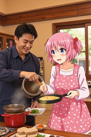 A vivid, animated scene featuring two characters in a kitchen setting. The main subjects are a man and a young girl, both engaged in the act of cooking. The man, dressed in a dark blue shirt, is pouring a mixture from a pot into a plate, while the girl, wearing a pink dress with white polka dots and a red bow in her hair, holds a frying pan with a piece of food floating in it. The background showcases a wooden wall with a window, and there are various kitchen utensils and ingredients scattered around the table. The color palette is rich with warm tones, dominated by browns, yellows, and reds, creating a cozy and inviting atmosphere. The style of the image is reminiscent of Japanese anime or manga, characterized by its detailed character design, vibrant colors, and dynamic poses.