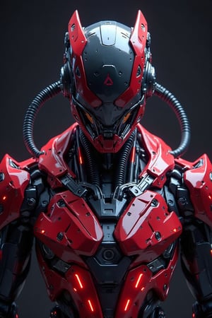 A close-up shot of a matte polycarbonate surface reflecting a red and silver cyberpunk cyborg. The cyborg's metallic body is detailed with vibrant red accents and sleek silver components, blending seamlessly with the reflective material. The lighting is neon and futuristic, highlighting the metallic elements and casting dynamic shadows. The composition is centered, focusing on the cyborg's advanced technology and the smooth, reflective surface.
