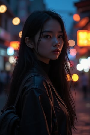  aesthetic portrait, 1girl,solo, long hair, bokeh, depth of field, cinematic, nighttime ,aesthetic portrait,b3rli,ch3ls3a