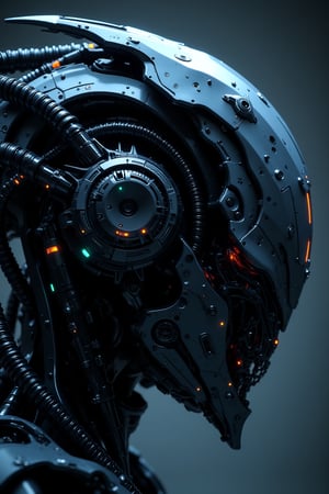 An ultra-high resolution capturing the intricate contours of a cyborg robot. The surrealism horror-inspired design features stunning attention to detail, with subtle bioluminescent accents casting an otherworldly glow. The composition evokes a sense of eerie fascination and dread, accentuated by the stark contrast and dramatic effects