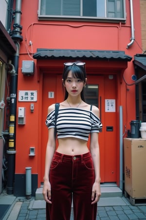 UrbanPhoto,

A vivid urban scene featuring a person standing in the foreground against a backdrop of a traditional Japanese building. The person is dressed in a striped crop top and velvety pants, with a pair of sunglasses perched atop their head. The building itself is painted in a striking shade of red, with intricate details like pipes, wires, and a sign in Japanese characters. The ground is paved with cobblestones, and there's a cardboard box to the right. The overall color palette is dominated by warm tones, with the red of the building contrasting against the cooler blues and grays of the surroundings.