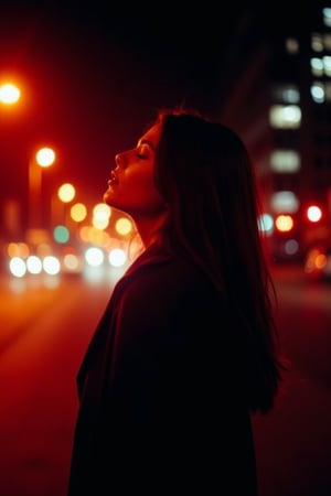 CridLight, 
A moody, atmospheric portrait of a woman standing on a city street at night. She is captured in a side profile, looking upwards with her eyes closed, possibly lost in thought or perhaps enjoying the ambiance. The woman is dressed in a dark coat, and her long hair flows down her back. The street is illuminated by the soft glow of streetlights and traffic lights, casting a warm, reddish-orange hue over the scene. The background is blurred, emphasizing the woman as the main subject, and the overall color palette is dominated by deep reds, oranges, and blacks, creating a sense of mystery and introspection.