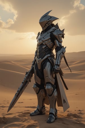 ```
a futuristic knight in sleek silver armor, standing in a vast desert with golden sand dunes. The knight holds a long, metallic sword, with a rifle attached to their armor, ready for battle. The sunset casts a warm glow across the scene, highlighting the reflective surfaces of the armor and creating long shadows in the sand. The sky is dotted with soft clouds, adding depth and tranquility to the harsh desert environment, contrasting with the knight's formidable and advanced appearance.
```